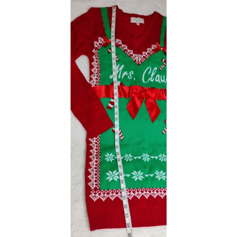 Poof Mrs. Claus V-Neck Intarsia Knit Ugly Christmas Sweater Red/Green M - Picture 2 of 8